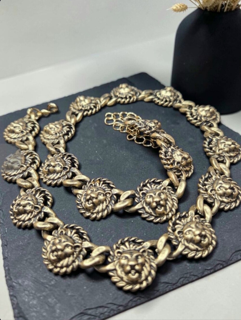 Antique Matte Gold Royal Regal Euro Lion Head Statement Necklace